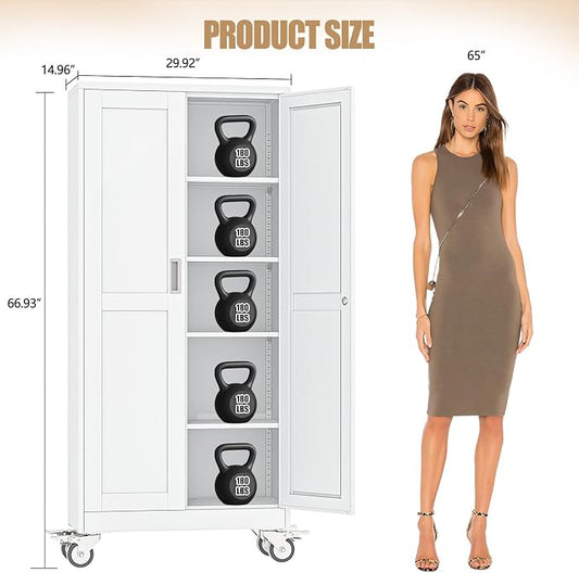 71" H Metal Pantry Storage Cabinet with Wheels,Rolling Kitchen Pantry Cabinet with 2 Doors and 4 Adjustable Shelves, Locker Steel Cabinet,Organization Cabinet for Garage,Home,Gym,School,White