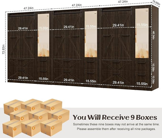 PAKASEPT Armoire Wardrobe Closet with w/Folding Sliding Barn Door | Bedroom Armoires with Mirror and LED Lights, Hanging Rod, 9 Door Armoire for Bedroom