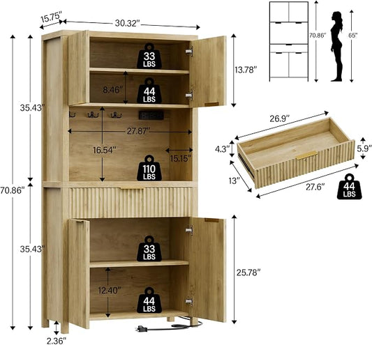 Lulive 71" Fluted Pantry Cabinet with Charging Station, Natrual | Adjustable Shelves, Open Countertop, Drawer, Spacious Kitchen Storage