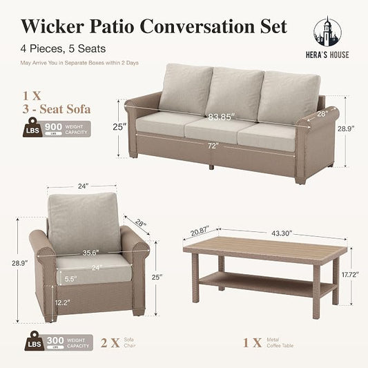 HERA'S HOUSE Patio Furniture Set, 4 x Cushioned Chairs, 3-Seat Sofa with Wood Grain Coffee Table, 5 Seats Luxury Windsor Style All Weahter Outdoor Sofa Conversation Set for Deck Lawn Backyard