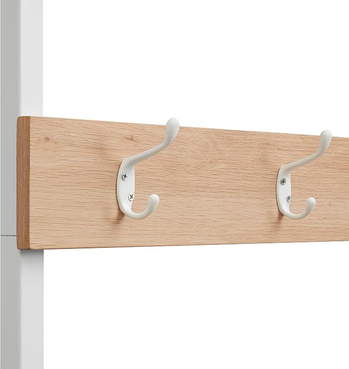 Linon Shaymus White Metal Hall Tree with Natural Wooden Topped Bench and Shelf with Multiple Hanging Hooks