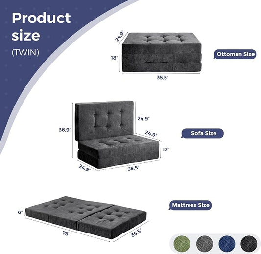 MAXYOYO 6" Folding Sofa Bed for Floor, Tufted Tri-Fold Floor Mattress with Chenille Fabric, Twin Size Portable Sofa Couch Guest Mat for Adults, Foldable Topper for Camping, Dark Grey, 35.4"x75"