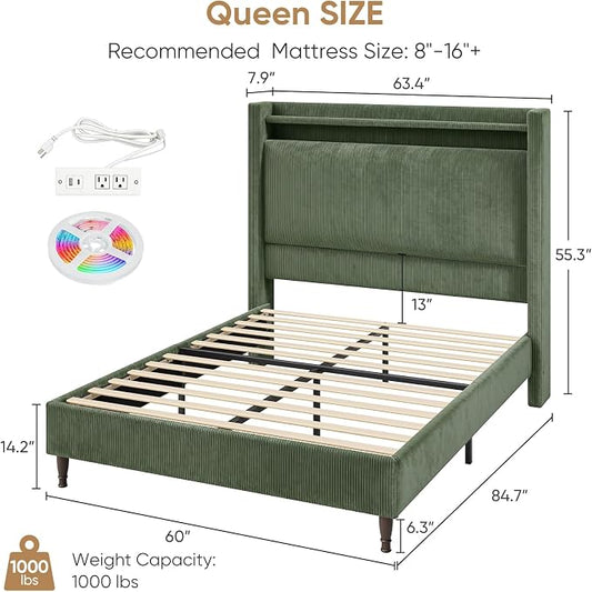 Queen Size Bed Frame with Tall Headboard, 55.3" Upholstered Platform Queen Bedframe with Wingback Storage Headboard, Charging Station & LED Lights, No Box Spring Needed, Wooden Slats, Corduroy, Green