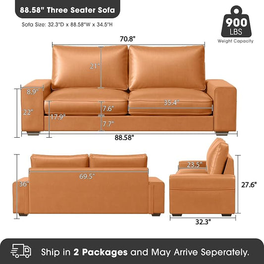 Valthie Faux Leather Couch, Mid Century Modern Comfy Loveseat Sofa with Wide Arm, Side Pockets, Solid Wooden Frame for Office, Living Room and Bedroom, 3 Seater (Brown, 88.58 inches)