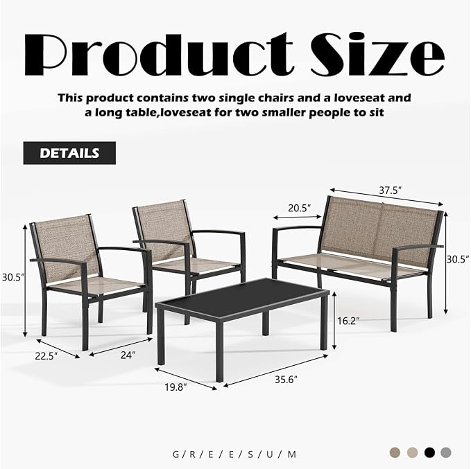 Greesum 4 Pieces Patio Furniture Set, Outdoor Conversation Sets for Patio, Lawn, Garden, Poolside with A Glass Coffee Table, Brown