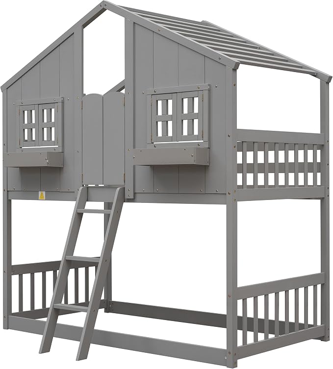 GDFStudio Twin Over Twin House Bunk Bed with Roof,Windows,Door,Window Boxes,Safety Guardrails & Ladder,Pine Wood Frame,Low-Height Kids Bunk Beds for Bedrooms,Playful Loft Bed with Easy Assembly, Grey