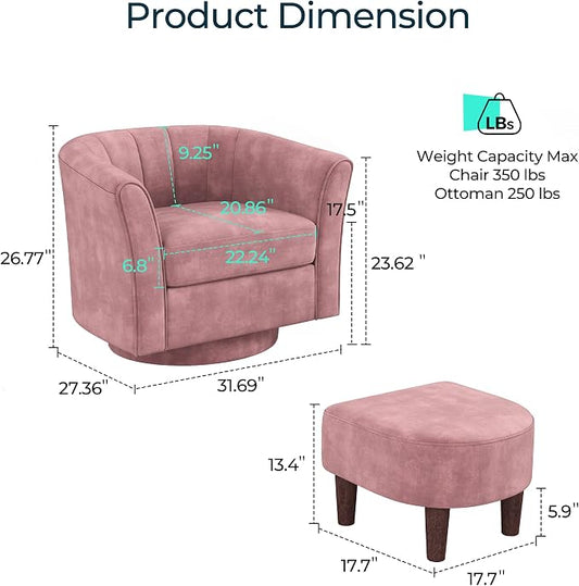 LINSY Swivel Accent Chair Ottoman Set: Velvet Larege Barrel Chair with Foot Rest, Modern Reading Chair Upholstered Armchair with Footrest for Living Room Bedroom Study Room Office (Pink)