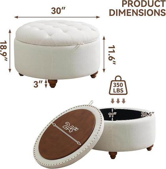 WUTUTUEE 30Inch Round Storage Ottoman with Tray, Modern Tufted Fabric Circle Coffee Table with Storage, Upholstered Ottoman with Removable Top for Living Room, Bedroom, Beige