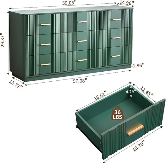 Fluted Dresser for Bedroom with 9 Drawers, 59" Wide Mid Century Modern Chest of Drawers, Wooden Dresser TV Stand, Wood Closet Clothes Storage Organizer for Living Room Hallway, Green