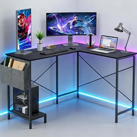 L Shaped Desk, 50 Inch Reversible Computer Desk Corner Gaming Table with CPU Stand & Storage Bag, Sturdy Metal Frame PC Workstation for Home Office, Black Wood