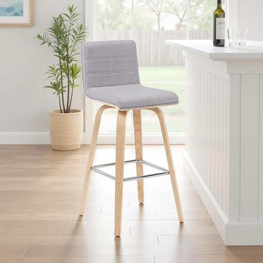 Armen Living Vienna Modern Swivel 30" Bar Height Barstool with Gray Fabric Upholstered Seat and Patterned Oak Wood Finish
