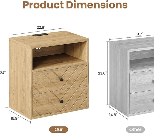 Modern Nightstand with Charging Station,LED Bedside Table with 2 Storage Drawers and Open Storage Cabinet,Wood Large End Table for Bedroom Furniture,Oak