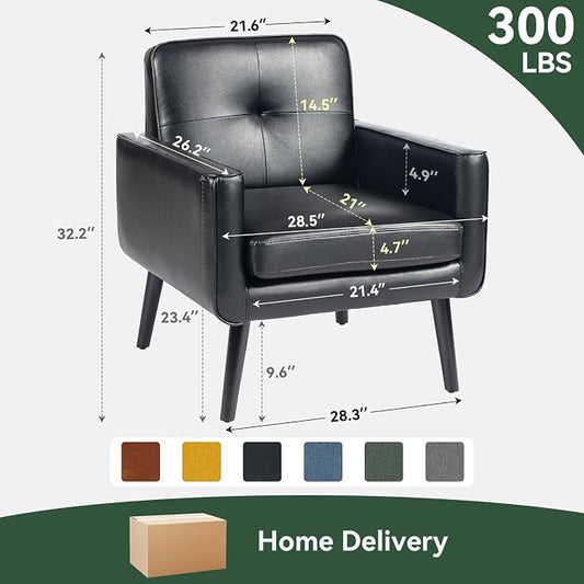 Vogue Furniture Direct Mid Century Accent Chair, PU Leather Modern Chair with Wooden Frame, Cozy Armchair Reading Chair with Comfy Back for Apartment, Living Room, Bedroom, Small Space, Corner, Black