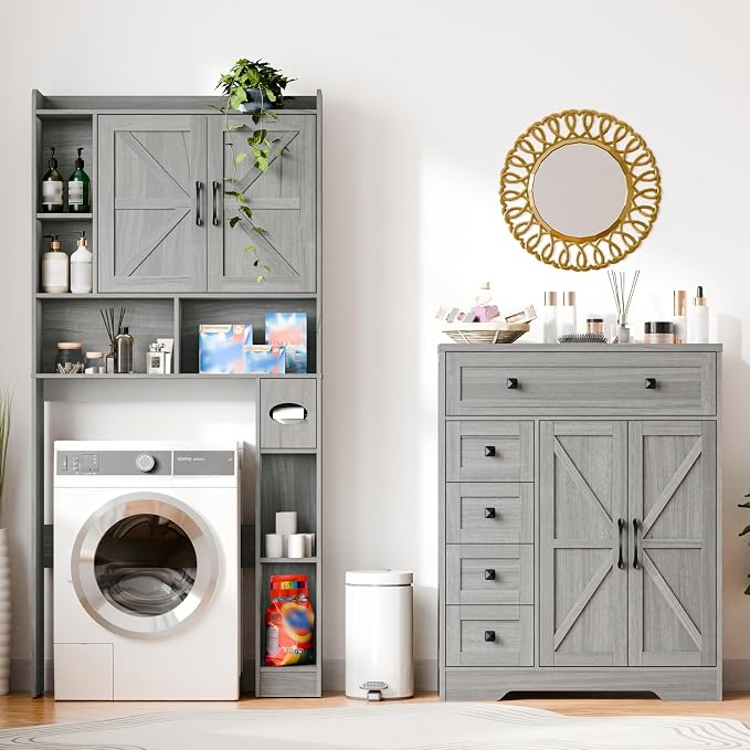 Vabches Farmhouse Storage Cabinet with 2 Doors and 5 Drawers, Freestanding Bathroom Cabinets Kitchen Pantry, Floor Storage Cabinet Hutch Cupboard for Living Room/Bathroom/Kitchen.Wash Grey