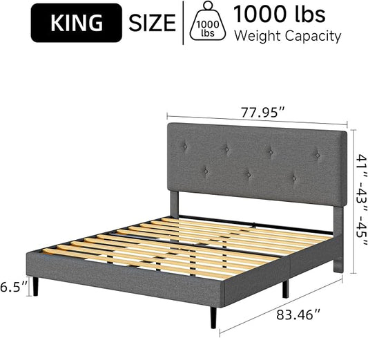 King Size Linen Bed Frame, Upholstered Platform Bed Frame with Adjustable Headboard, Wooden Slats Support, No Box Spring Needed, Easy Assembly, Grey
