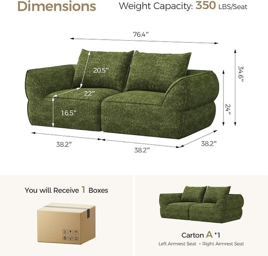 76.4" Cloud Loveseat Sofa, Deep Seat Couch with Pillows, Modern Comfortable Upholstery Boneless Sofa, 1 piece for Living Room, Bedroom, Apartment, Removable Cover,No Assembly Required, Algae Green