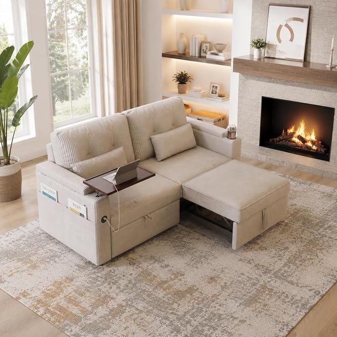 73" Queen Size Sofa Bed, Loveseat Sleeper Sofa with Pull Out Bed, 360° Swivel Table and USB, Modern 2 Seater Convertible Corduroy Couch for Living Room Bedroom Apartment, Beige