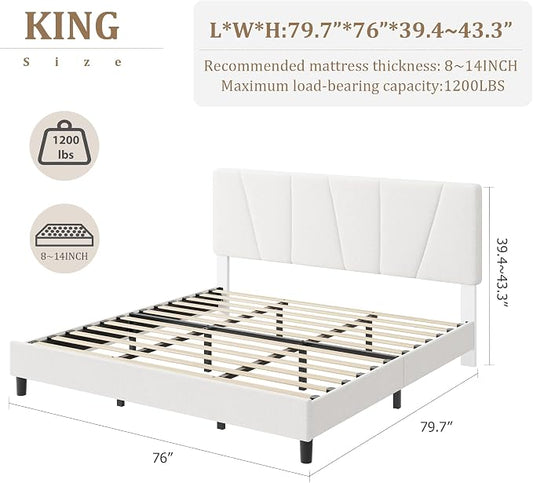 GarveeHome King Size Bed Frame with Upholstered Headboard, Modern Fabric Platform Bed Frame with Wooden Slat Support, Adjustable Headboard, No Box Spring Needed, Noise-Free, for Bedroom