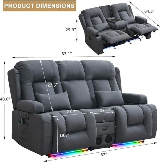 URRED Power Loveseat Recliner Sofa with Massage and Heat, Wall Hugger Reclining Loveseat with Console, RV Couch Home Theater Seating with LED Lights for Living Room (Blue Grey, 67" - 2 Seats)