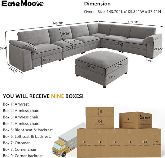 EASE MOOSE Grey Sectional Modular Sofa,Modern Comfort V Shape Sectional Couch Wide Deep seat Large Couch for Living Room,Removable and Washable