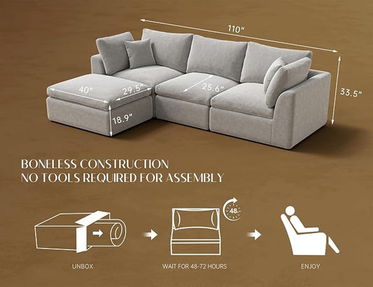 ohllob 110" Cloud Sectional Couches for Living Room, Boneless L-Shape Couch with Ottoman, 3 Seater Modular Sectional Sofa, Light Grey