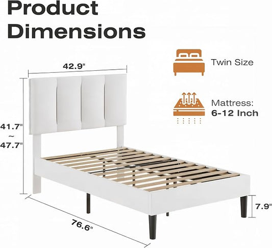 VECELO Twin Size Bed Frame with Upholstered Headboard, Heavy-Duty Bedframe with Wooden Slats & Steel Framework, Easy Assembly, Pure White