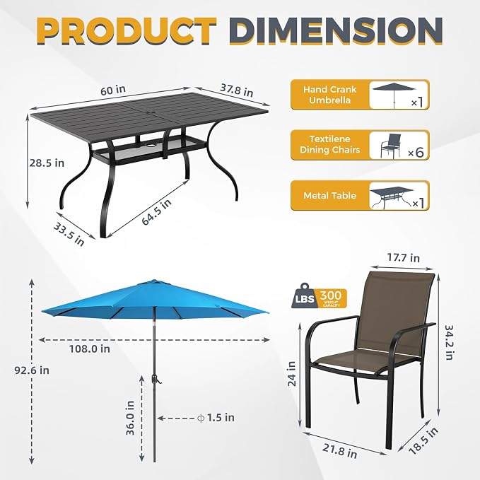 SUNCROWN 8 - Piece Outdoor Dining Set, Patio Furniture Set with 6 Textilene Dinning Chairs, 1 Rectangle Metal Table and 1 Sky Blue 9Ft Patio Umbrella for Lawn Garden Backyard Deck, Brown