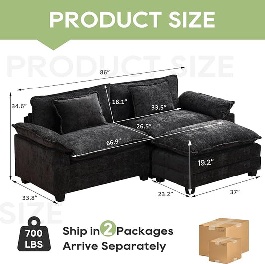 Oprisen 86" Modular Sectional Sofa, Comfy Cloud Couch Sectional Sofa with Ottoman, Chenille Sofa Sleeper Deep Seat Sofa with Throw Pillows for Living Room (Black, 86"- L Shape)