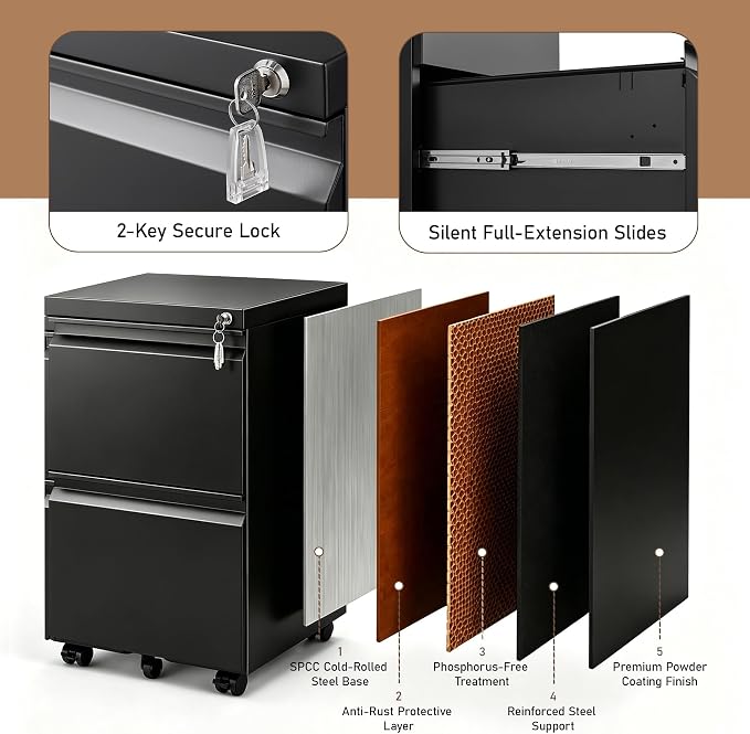 Approgreent 2 Drawer Metal File Cabinet, Fully Assembled Locking Filing Cabinet with Anti-Tipping Wheels, Quiet Slide, Heavy-Duty Steel Construction, Fits A4 Letter Legal for Home Office, Matte Black