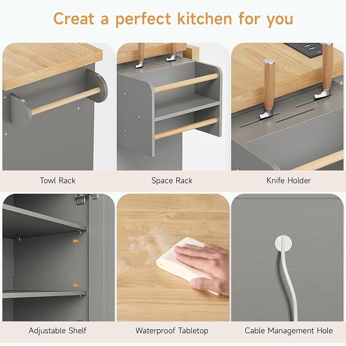 ONBRILL 60" Kitchen Island with Power Outlet & Drop Leaf, Rolling Island with Spice Rack & Towel Rack, Kitchen Island Cart with Trash Storage Cabinet, Island Table for Kitchen, Grey