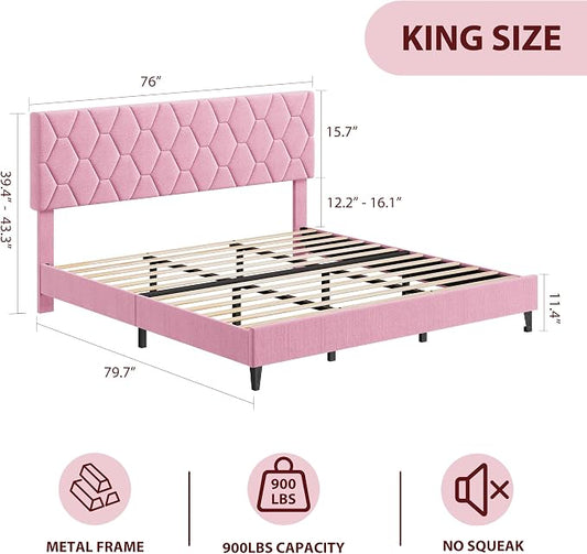 GAOMON Bed Frame with Upholstered Headboard, Heavy-Duty Platform Bed Frame with Strong Wood Slats, No Box Spring Needed/Noise Free/Easy Assembly,King,Pink