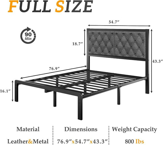 HISOFT Full Bed Frame with Upholstered Button Tufted Headboard, Bed Frame Platform Metal Slats Support, Under Bed Storage, No Box Spring Needed, Noise-Free, Easy Assembly, Grey