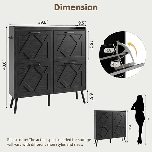Nicetree Shoe Cabinet with 4 Flip Drawers, Hidden Shoe Rack Cabinet with Metal Legs, Farmhouse Narrow Shoe Storage Cabinet for Entryway, Foyer, Hallway, Black