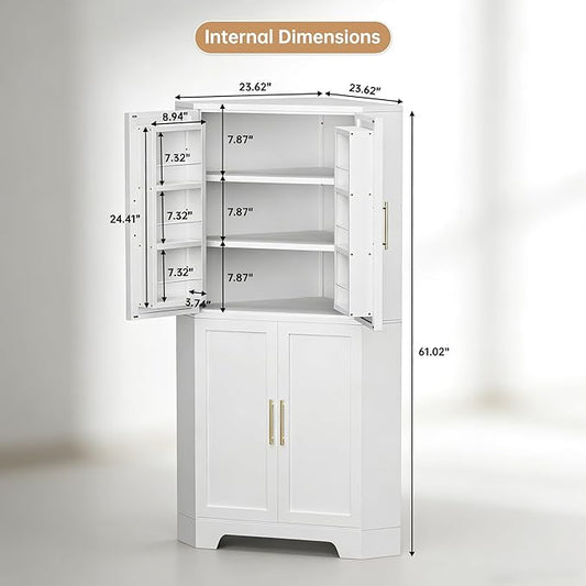Corner Cabinet, Metal Storage, Kitchen Pantry Cabinet with Adjustable Shelves & Spice Rack, Tall Freestanding Corner Pantry with Shaker Doors & Gold Handles for Kitchen, Bathroom, Living Room (White)