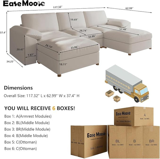 EASE MOOSE Oversized Faux Leather Modular Sofa with Deep Seat,Extra Large Sectional U Shaped Couch for Living Room,Comfy Scratch Resistant Couch,Modern Sofas with Ottoman,Beige