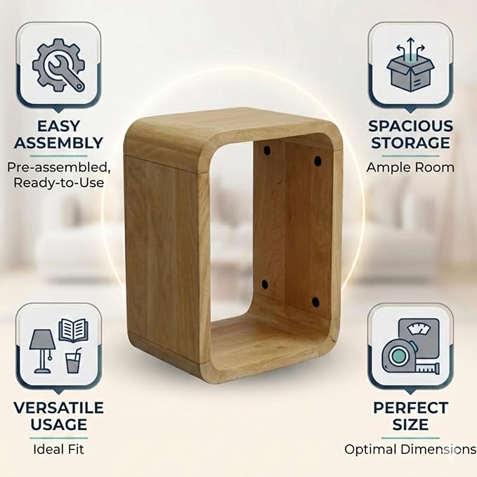 Relso Aurora End Table Solid Wood Nightstand with Open Shelf Storage, Natural Finish Bedside Table, Side Table for Bedroom, Living Room, Entryway, Small Spaces, Accent Bookshelf