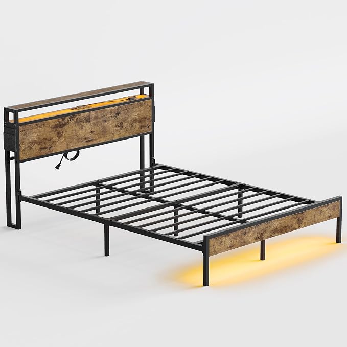 Bestier Queen Size Bed Frame with Headboard, Dual LED Platform Bed Frame with Charging Station, Non-Slip Metal Bed Frame, Noise-Free, Easy Assembly