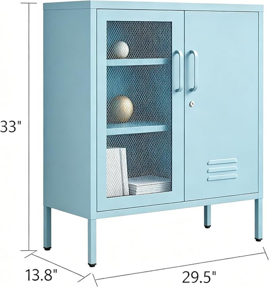 Recessed Double Adjustable Shoe Cabinet with Lock Steel Storage Cabinet for Foyer Living Room Bathroom Kitchen Blue Size:33" H x 29.5" W x 13.8" D