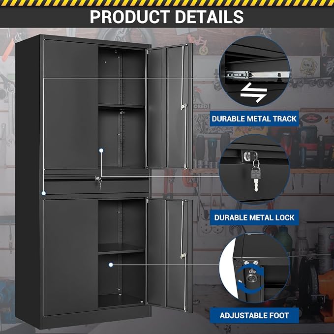 Fesbos 71" Metal Cabinet-Black Heavy Duty Storage File Cabinet Steel Tool Cabinets with Shelves, Lockable Doors and Drawers- for Garage, Pantry, Warehouse - Assembly Required