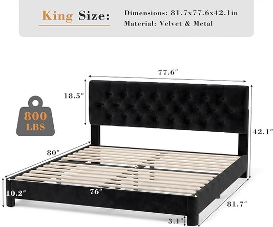 Vipbear King Bed Frame, Velvet Fabric Upholstered Platform Bed with Button Tufted Headboard, Strong Wooden Slats Support, Noise Free, Easy Assembly, Adjustable Headboard, No Box Spring Needed, Black | Plush velvet