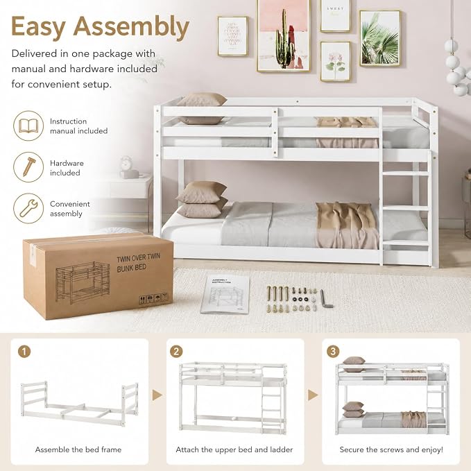 Twin Over Twin Bunk Bed, Low Profile Wooden Frame for Kids Bedroom, Floor Bunk with Ladder and Guardrails, Rubber Wood Construction, 13 Plywood Slats, No Box Spring Needed (White)