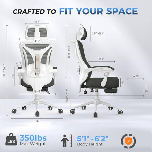 CYKOV Ergonomic Office Chair with Footrest - Adjustable Lumbar Support & Headrest, 90-135° Reclining Mesh Back Computer Chair - Home Office/Gaming, 350lbs Capacity