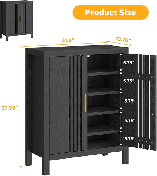 UNIQUITE Wooden Shoes Cabinet with Adjustable Shelves, Retro Freestanding Shoe Organizer Cabinet for Entryway Hallway Living Room, 5-Tier Shoe Cabinet with Doors for 20 Pairs, Black