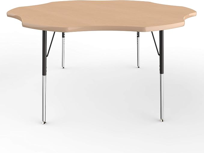 FDP Flower Activity School and Office Table (60 inch), Standard Legs with Swivel Glides for Collaborative Seating Environments, Adjustable Height 19-30 inches - Maple Top and Maple Edge