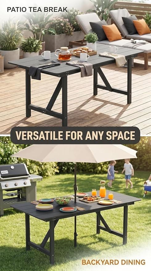 Amopatio HDPE Patio Outdoor Dining Table for 6 All Weather Rectangular Table with Umbrella Hole for Porch Deck Garden Backyard Poolside