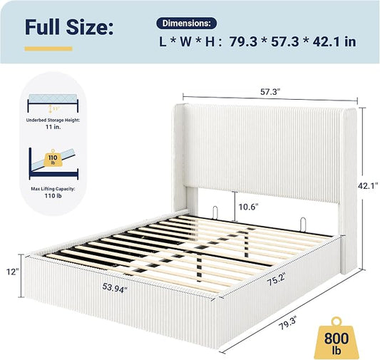 Allewie Full Lift-Up Storage Bed Frame with Modern Wingback Headboard, Corduroy Upholstered Platform Bed, Hydraulic Gas Lift Support, Underbed Storage, Wooden Slats, No Box Spring Needed, White