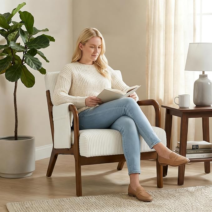 DUMOS Mid Century Modern Accent Chair, Upholstered Armchair with Lumbar Pillow and Solid Wood Frame, Comfy Reading Chair for Small Living Room, Bedroom, Guest Room, Beige