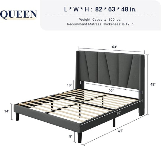 Allewie Queen Size Platform Bed Frame with Geometric Wingback Headboard, Boho Upholstered Bed with Wooden Slats Support, No Box Spring Needed, Easy Assembly, Dark Grey