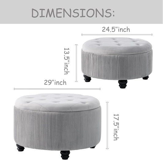 29&24.5inch Large Round Storage Ottoman Coffee Table Set of 2 Modern Button Storage Coffee Table with Removable Lid for Living Room Upholstered Footrest Stool for Bedroom (Large-Light Grey)