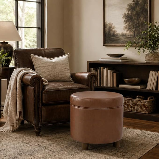 HomePop 19" Round Storage Ottoman - Chestnut Brown Faux Leather